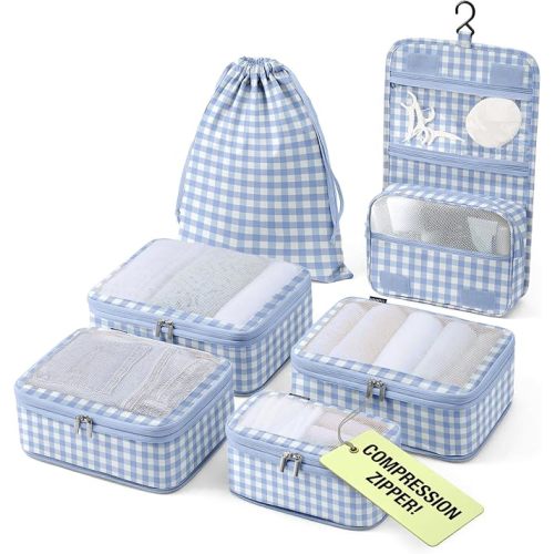 Vandel Space-Saving Compression Packing Cubes for Women with Hanging Toiletry Bag, Laundry Bag, Compressible Carry On Suit Case Organizer Luggage Packing Cubes for Travel Compression Organizer Bags