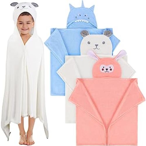 3 Pieces Bamboo Hooded Towel for Kids 27.5 x 50 Inch Large Size Kids Bath Towel Kids Absorbent Bathrobe Blanket for Kids 3-10 Yrs Boys Girls Shower (White, Pink, Light Blue,Bear, Rabbit, Beluga Whale)