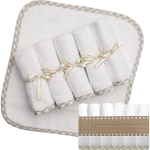 Channing & Yates Organic Baby Washcloth Set Premium Boutique- (6 Pack Wash Cloth) - Softest Face Towels or Washcloths for Eczema - Child or Adult Essentials for Bath (Beige/White)
