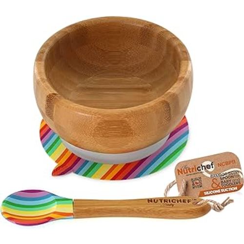 NutriChef Bamboo Baby Feeding Bowl - Wooden Infant Toddler Dish and Spoon Set w/Silicone Suction Base for Stay Put Eating, For Children Aged 4-72 Months (Rainbow), Small