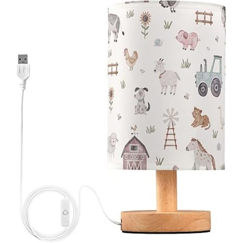 Table Lamp Farm Animal House Car Windmill Cow Sheep Pig Horse Dog Cat Goose Hen Nightstand Lamp with Wood Base Fabric Lamp Shade Bedside Desk Lamp for Living Room Bedroom Kids Room Office