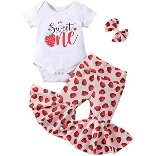 Baby Girl First Birthday Outfit Short Sleeve Romper Top Flare Pants Headband 3Pcs Cake Smash Clothes