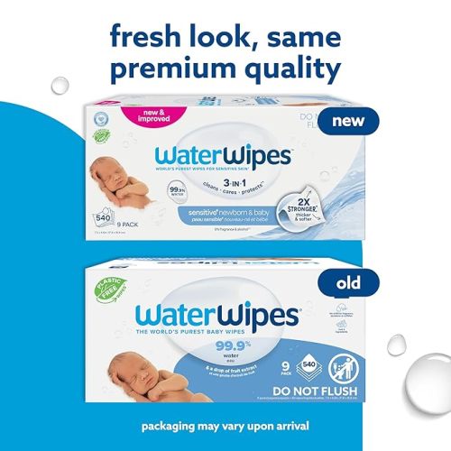 WaterWipes Sensitive+ Newborn & Baby Wipes, 3-In-1 Cleans, Cares, Protects, 99.9% Water, Unscented & Hypoallergenic, 540 Count (9 Packs)
