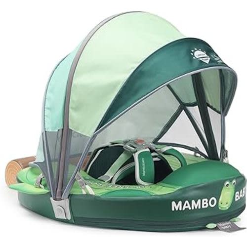 Mambobaby Float Add Tail Newest Baby Swim Float with Canopy Solid Pool Infant Swim Trainer Swimming Training Lying Air Free Water Floats Non-Inflatable Waist Swim Ring for Toddlers (Crocodiles)