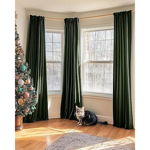 jinchan Christmas Xmas Curtains Velvet Curtain for Living Room, Holiday Thermal Insulated Drape for Bedroom 84 Inch Long, Stylish Design Room Darkening Window Treatment Rod Pocket 1 Panel, Moss Green