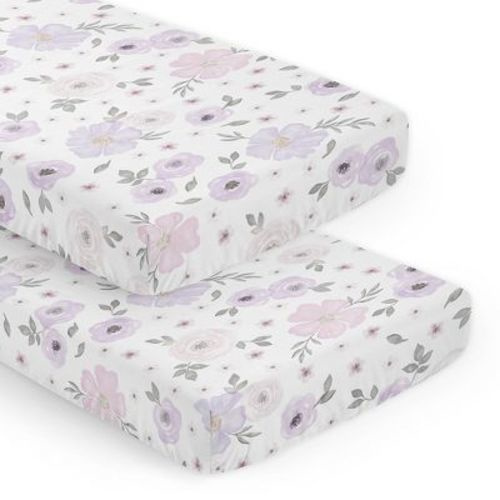 Sweet Jojo Designs Girl Fitted Crib Sheets Set Watercolor Floral Purple Pink And Grey 2pc