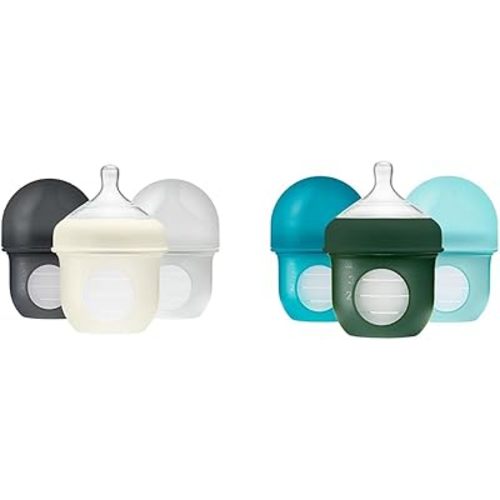 Boon Nursh Reusable Silicone Baby Bottles with Collapsible Pouch - Stage 1 Slow Flow - Gray & Blue - 4 Oz - 3 Count Each