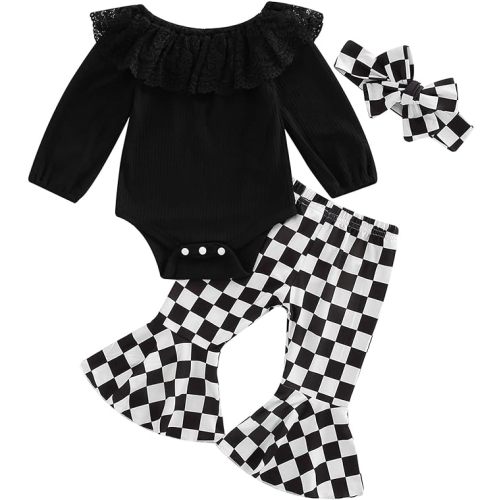 SAYOO Newborn Baby Girl Clothes Infant Rib Frill Long Sleeve Romper Floral Flared Pants Headband 3pcs Fall Winter Outfits (Checkerboard-Black, 6-12 Months)