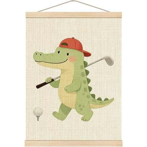 Boat Wades Cute Crocodile Golf Wall Art Poster Hanger Frame, Golf Nursery Decor, Funny Cap Alligator Golfer Golfing Wall Decor for Kids Boys Room Playroom Bedroom, 12x16 Inch