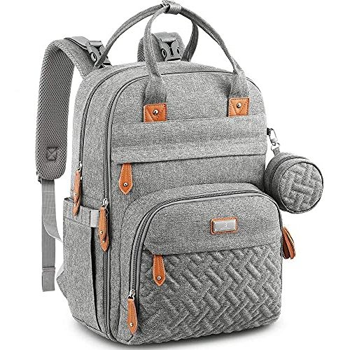 BabbleRoo Waterproof Diaper Bag Backpack - Baby Essentials Travel Tote - Multi function with Changing Pad, Stroller Straps & Pacifier Case - Unisex, Light Gray