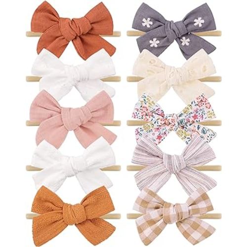 doboi 10PCS Baby Girls Headbands Hair Bows Nylon Linen Hairbands Handmade Hair Accessories for Newborn Infant Toddlers Little Girl and Kids 3.5Inches