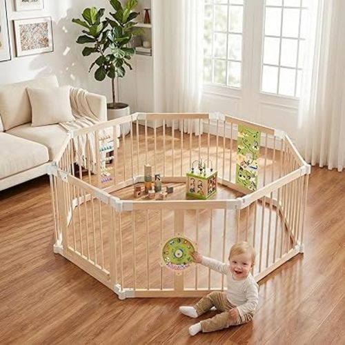 Wooden Baby Playpen, Large Foldable Play Yard for Babies and Toddlers, 57"x57"x24" Montessori Play Fence with Activity Center,Easy Fold & Safety Gate for Indoor Play Area