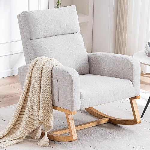 Rocking Chair Nursery - Glider Modern Accent Chairs Upholstered Linen Rocker Padded Armchair for Indoor Living Room Bedroom Light Gray