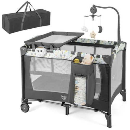 Gymax Portable Pack & Play 3-in-1 Baby Bassinet w/ Removable Changing Table Mattress Light Gray
