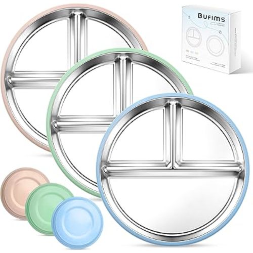 3 Pack Stainless Steel Baby Suction Plates – Divided Toddler Plates for Baby Led Weaning | Strong Non-Slip Silicone Base, Unbreakable, BPA-Free, Dishwasher Safe Feeding Set (Pink, Blue, Green)
