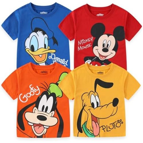 Disney Mickey Mouse & Friends Boys' 4 Pack T-Shirt for Toddler and Little Kids – Blue/Red/Yellow/Orange