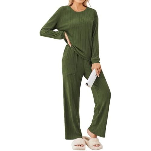Ekouaer Lounge Sets for Women Ribbed Knit Pajama Sets 2 Piece Long Sleeve Pjs Soft Loungewear Outfits with Pockets