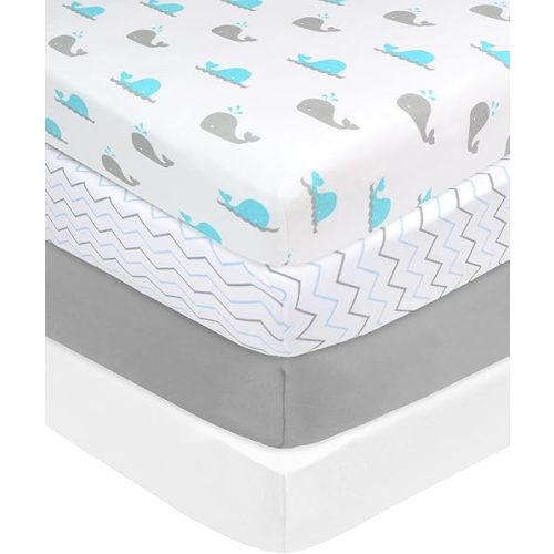 American Baby Company 4 Pack Fitted Crib Sheets 28" x 52", Soft Breathable Neutral 100% Cotton Jersey Sheet, Blue Zigzag/Aqua Whale/Gray/White, for Boys and Girls, Fits Crib and Toddler Bed mattresses