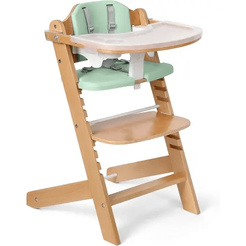 Cowiewie Natural Wooden High Chair for Babies & Toddlers 3-Tier Remove Adjustable Tray and Highchair with Cushions, Easy to Clean, Portable(Green)