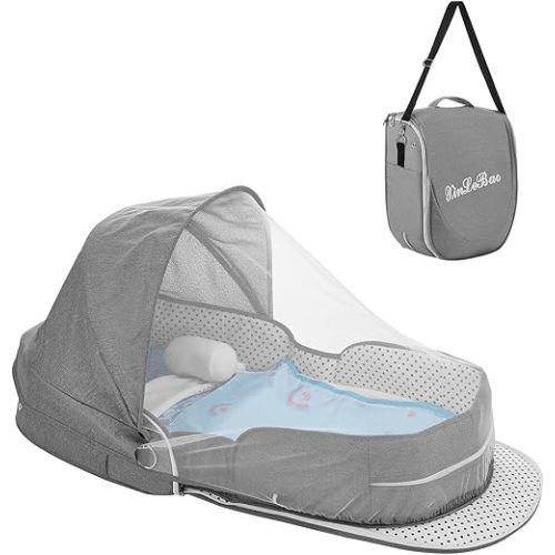 Baby Travel Bassinet Portable Bassinets, Foldable Converts to Backpack for Travel, Lightweight Travel Baby Lounger with 2-1 Mosquito & Canopy (Gray)
