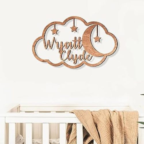 Custom baby name signs for nursery, Moon and clouds nursery wood sign, Boho nursery decor, Stars and moon nursery decor, Name sign for nursery, Wooden nursery name sign 2 layers of wood sign/4
