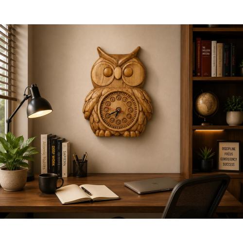 Hand Carved Wooden Owl Wall Clock, Rustic Owl Wall Decor, Farmhouse Study Room Decoration, Solid Wood Owl Art, Nature Inspired Wall Hanging