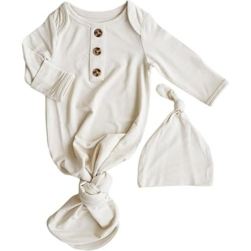 Caden Lane Newborn Knotted Gown with Hat, Soft Bamboo Viscose Baby Sleep Sack, Unisex Infant Nightgown, Breathable Sleepwear
