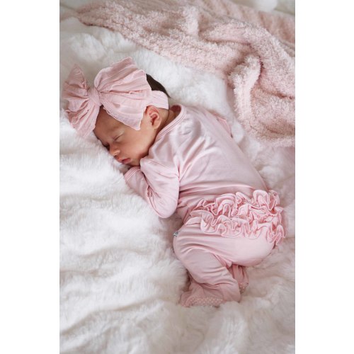 Baby Pink Bamboo Ruffle Zipper Footie