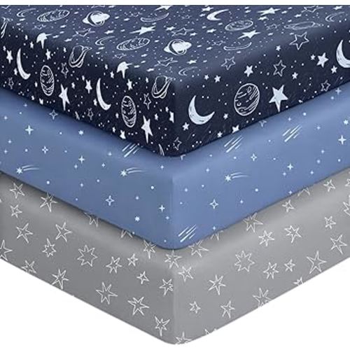 Baby Crib Sheets for Boys Girls, 28x52x8in Fitted Crib Sheet Neutral 3 Pack for Standard Crib and Toddler Mattress, Breathable Soft Microfiber Baby Sheet Blue Gray Planet