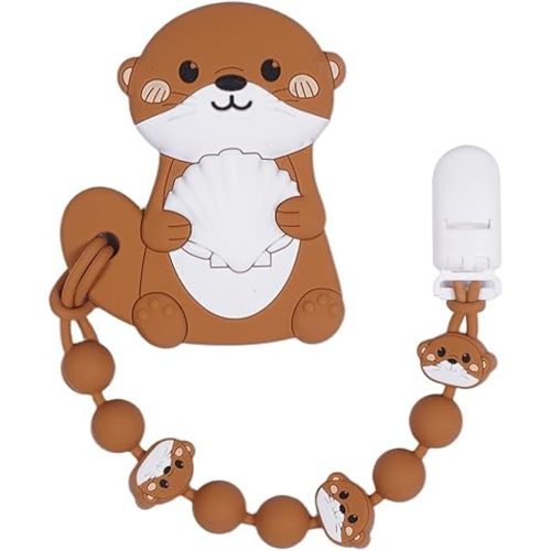 Cute Animal Baby Food Grade Silicone Teether Toy with One Piece Design Pacifier Clip Holder,Teething Toys Gift Set for 3 Months+ Boys and Girls,Freezer Safe,BPA Free (Otter)