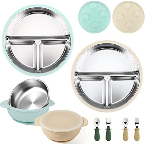 Mity rain Stainless Steel & Silicone Toddler Plates and Bowls Set with Suction,10-Piece Suction Plates & Bowls for Toddler,Removable Shell,Silicones Baby Plates for Independent Eating.