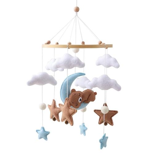Handmade Bear Sleeping Theme Baby Crib Mobile,Gender Neutral Baby Cloud Star Moon Mobile,Adjustable Nursery Ceiling Pendant Soothing Toy,Crib Night Felt Decoration,Various Colors (A)