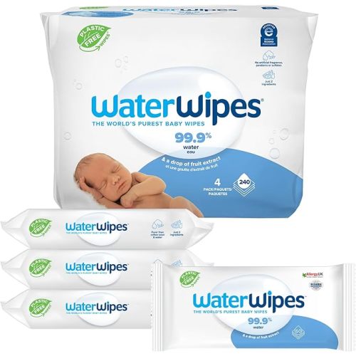 WaterWipes Plastic-Free Original Baby Wipes, 99.9% Water Based Wipes, Unscented & Hypoallergenic for Sensitive Skin, 240 Count (4 packs), Packaging May Vary