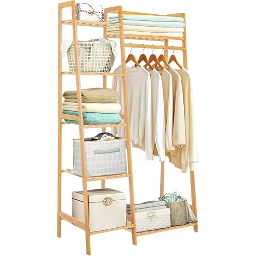 Bamboo Clothes Rack with 7 Tier Storage Shelves Clothing Hanging Stand for Small Spaces Children's Wardrobe Closet, Multifunctional Plant Stand