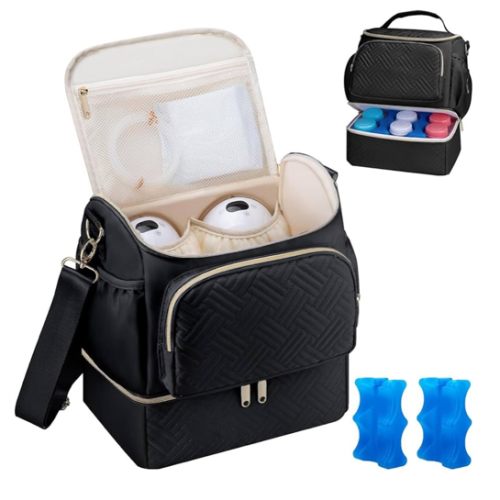 Wearable Breast Pump Bag with Cooler Compartment Compatible with Willow/Elvie/Medela/Momcozy M5/S12 Pro, Breast Milk Cooler Travel Bag with Ice Pack & Mat, Pumping Bags for Work, Black