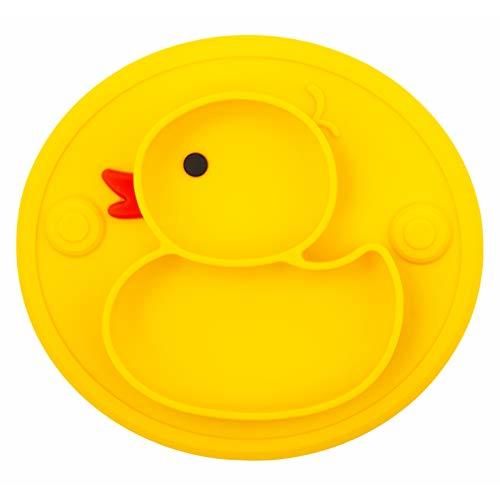 Linowos Silicone Divided Toddler Plates, Portable Non Slip Suction Plates for Children Babies and Kids BPA Free Baby Dinner Plate (Duck-Yellow) 1