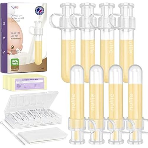Nuliie Colostrum Collector Kit 7ml/8pcs, Leakproof, Reusable Breast Milk Collector, Heat & Freezer Resistant, BPA-Free, With Cotton Cloth Wipe, Storage Case, Cleaning Brush - Ready-to-Use for Newborns