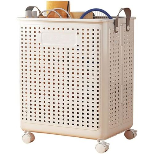 WESAPPINC 55L Collapsible Large Laundry Hamper, Plastic Laundry Basket with Wheels,Suitable for Bathroom, Bedroom, Dorm Room & Laundry Room,Basket with Handle (Cream color)