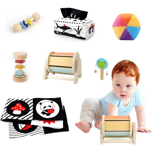 Montessori Toys for Babies 0-6 Months, 7 in 1 Learning Educational Set Newborn Toys 6-12 Months, Rainbow Ball, Baby Black and White Books, Tissue Box Toy, Spinning Drum, Rattle Toy