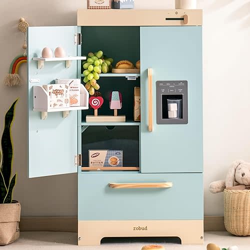 ROBUD Fridge Refrigerator with Ice Dispenser, Wooden Play Fridge Freezer Set for Kids, Toddler Kitchen Playset with Full Accessories Pretend Play Set, Gift for Boys & Girls, Age 3+