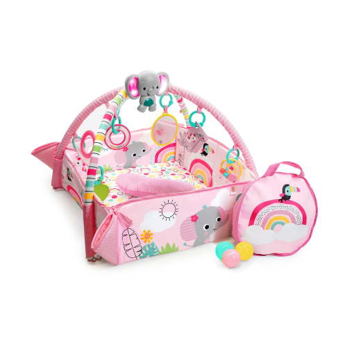 Bright Starts Infant 5-in-1 Activity Play Gym & Ball Pit with Lights, Includes 7 Toys - Rainbow Tropics (Pink)