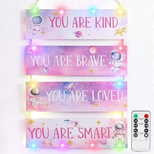 Yookeer 4 Pieces Space Room Decor for Kids Boys Outer Space Wall Art Posters Wall Galaxy Decor Spaceman Wood Sign Inspirational Motivational Quote for Baby Bedroom Classroom Nursery(Cute)