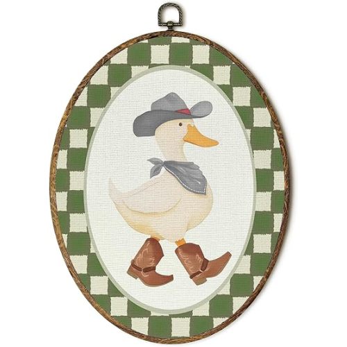 EGVQK Cute Cowboy Duck Oval Wall Art, Funny Silly Goose Decor Framed Canvas Prints Wall Art, Western Cowboy Oval Canvas Hanging Wall Decor for Baby Boys Kids Nursery Room Decorations, 8.5x11.5in