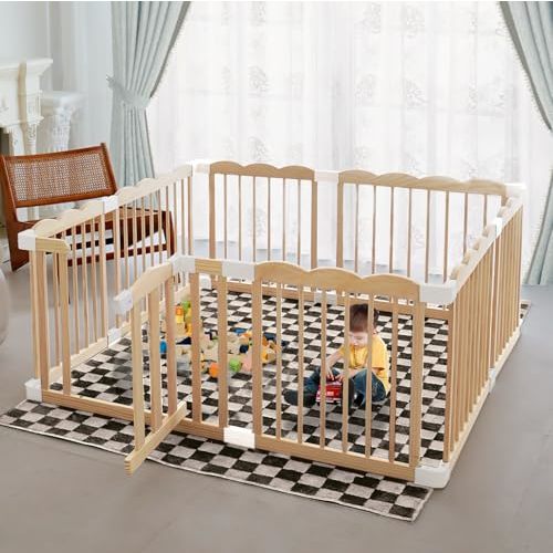 Baby Playpen, Wooden Playpen for Babies and Toddlers, Large Adjustable Wooden Baby Playpen with Locking Gate, Easy to Assemble, Portable Playpen, Baby Fence Play Area(47x62x24 Inch)