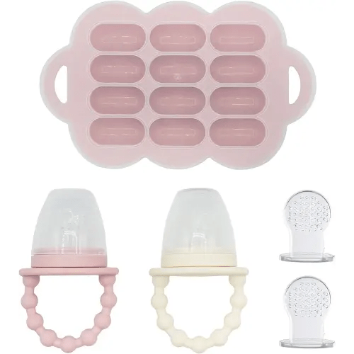 WeeSprout Baby Food Feeder Set - 2 Silicone Feeders & Reusable Freezer Tray with Lid - BPA-Free Fresh Fruit & Veggie Pacifier for Babies & Toddlers - Double as Teething Toys - Dishwasher Safe