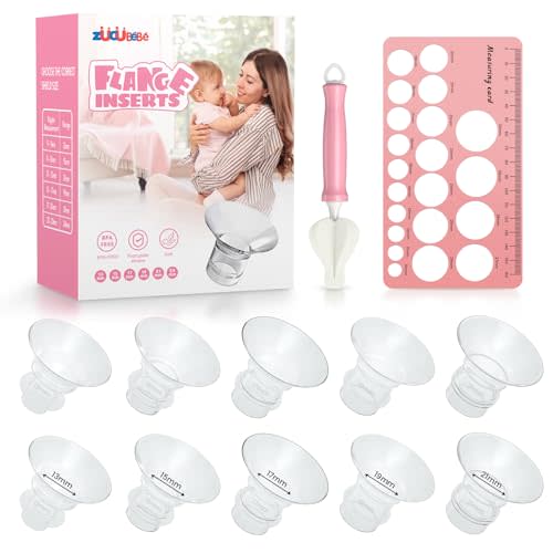 ZÜCÜBéBé Flange Inserts 13/15/17/19/21mm(10PCS) & Nipple Ruler & Cleaning Brush, 3 in 1 Flange Sizing Kit, Silicone Flange Insert Kit for 24mm Most Pumps, Breast Pump Replacement Accessories