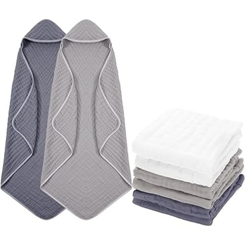 Peryiter 8 Pack Muslin Hooded Baby Bath Towels and Wash Cloth Set Soft Cotton Gauze Baby Hooded Bath Towel Baby Wipes Absorbent Bath Face Towels Burp Cloths Face Towels for Girl Boy (Gray Series)