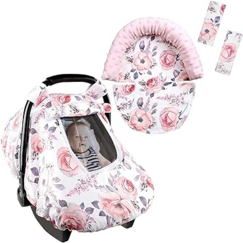 Car Seat Covers for Babies, Car Seat Headrest & Strap Cover, Winter Carseat Cover Girls, Pink Floral