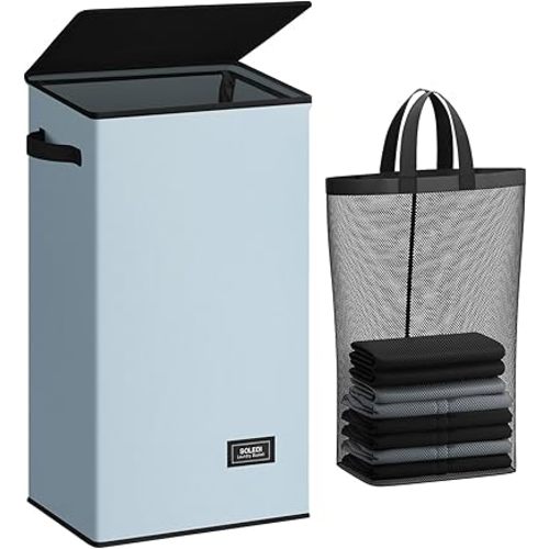 SOLEDI Laundry Hamper with Lid 100L Large & Tall Collapsible Laundry Basket, Clothes Hamper with Bag Removable Easy to Carry, Dirty Hampers for Bedroom, Bathroom, Dorm, College, Blue Grey