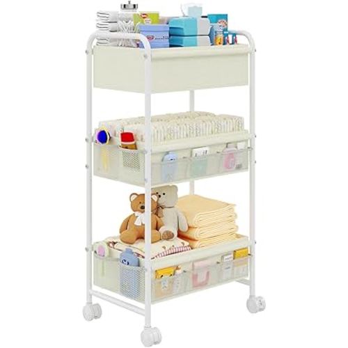 3-Tier Baby Diaper Caddy Cart Organizer,Mobile Nursery Storage Carts with Wheels,With 2 Dividers&14 Mesh Pockets Durable Metal Utility Cart for Nursery, Bedroom, Bathroom, Baby Essentials Organization